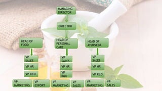 MANAGING
DIRECTOR
DIRECTOR
HEAD OF
FOOD
VP
SALES
VP HR
VP R&D
VP
SALES
VP HR
VP
R&D
VP
SALES
VP HR
VP R&D
VP
MARKETING
VP
EXPORT
VP
MARKETING
VP
SALES
VP
MARKETING
VP
SALES
HEAD OF
PERSONAL
CARE
HEAD OF
AYURVEDA
 