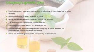  Loyal consumers base and competitive pricing that is they have low pricing
strategy .
 Believe in Indian product so Make in India .
 Modern trade expected to grow at 20-25% per annum
 Tie up with future group and reliance retail.
 Focusing to increase export in Canada usa uk
 Follow branded house strategy where company it self is a brand ,all
products are promoted under one brand .
 Urban has a steady growth of 8% followed by 10-12% in rural
 