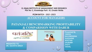 ACCOUNT FOR MANAGERS
PATANJALI BENCHMARKING PROFITABILITY
& COMPARISION WITH DABUR
1
Presented By
:RAHUL
RAGHWENDRA
SHASHANK
NOOTAN
SAURABH
JYIOTI
VISHAL
PRESENTED TO:
DR. SUCHITA SINGH
GL BAJAJ INSTITUTE OF MANAGEMENT AND RESEARCH
Plot No-2, Knowledge Park –III, Greater Noida
PGDM BATCH – 2021-2023
 