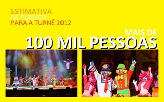 ESTIMATIVA
DE PÚBLICO
PARA A TURNÊ 2012
                    MAIS DE
   100 MIL PESSOAS
 
