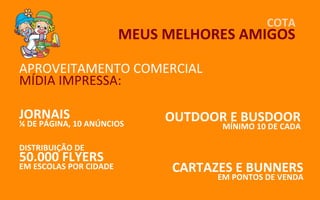 COTA
                        MEUS MELHORES AMIGOS

APROVEITAMENTO COMERCIAL
MÍDIA IMPRESSA:

JORNAIS                      OUTDOOR E BUSDOOR
¼ DE PÁGINA, 10 ANÚNCIOS             MÍNIMO 10 DE CADA

DISTRIBUIÇÃO DE
50.000 FLYERS
EM ESCOLAS POR CIDADE         CARTAZES E BUNNERS
                                    EM PONTOS DE VENDA
 