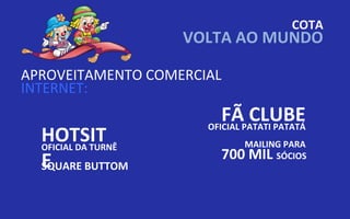 COTA
                     VOLTA AO MUNDO

APROVEITAMENTO COMERCIAL
INTERNET:
                          FÃPATATI PATATÁ
                       OFICIAL
                               CLUBE
  HOTSIT
  OFICIAL DA TURNÊ            MAILING PARA
                           700 MIL
  E
  SQUARE BUTTOM
                                    SÓCIOS
 