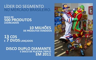 LÍDER DO SEGMENTO
NO MERCADO BRASILEIRO.
MAIS DE
500 PRODUTOS
LICENCIADOS

                  10 MILHÕES
              DE PRODUTOS VENDIDOS

13 CDS
E 7 DVDS LANÇADOS


 DISCO DUPLO DIAMANTE
        E DISCO DE PLATINA TRIPLO
                     EM 2011
 