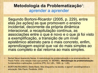 Metodologia da Problematização 1 : aprender a aprender Segundo Bortoni-Ricardo 2  (2005, p. 229), entre elas  [as ações]  as que promovem o ensino incidental, decorrente da própria dinâmica interacional, a recapitulação contínua, as associações entre o que é novo e o que já foi visto a exemplificação, a transição de um nível epistêmico abstrato para o mais concreto, enfim, aprendizagem espiral que vai do mais simples ao mais completo e daí retorna ao mais simples. Berbel Neusi Aparecida Navas. A metodologia da problematização e os ensinamentos de Paulo Freire: uma relação mais que perfeita. In: BERBEL.  Metodologia   da   problematização:  fundamentos e aplicações. Londrina (PR): Ed. UEL, 1999. (p. 1-28). BORTONI-RICARDO, Stella Maris. Nós cheguemu na escola, e agora?: sociolingüística e educação. São Paulo: Parábola, 2005. 