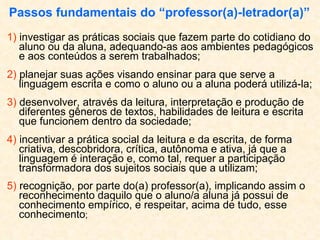 Passos fundamentais do “professor(a)-letrador(a)”   1)  investigar as práticas sociais que fazem parte do cotidiano do aluno ou da aluna, adequando-as aos ambientes pedagógicos e aos conteúdos a serem trabalhados; 2)  planejar suas ações visando ensinar para que serve a linguagem escrita e como o aluno ou a aluna poderá utilizá-la; 3)  desenvolver, através da leitura, interpretação e produção de diferentes gêneros de textos, habilidades de leitura e escrita que funcionem dentro da sociedade; 4)  incentivar a prática social da leitura e da escrita, de forma criativa, descobridora, crítica, autônoma e ativa, já que a linguagem é interação e, como tal, requer a participação transformadora dos sujeitos sociais que a utilizam; 5)  recognição, por parte do(a) professor(a), implicando assim o reconhecimento daquilo que o aluno/a aluna já possui de conhecimento empírico, e respeitar, acima de tudo, esse conhecimento ; 
