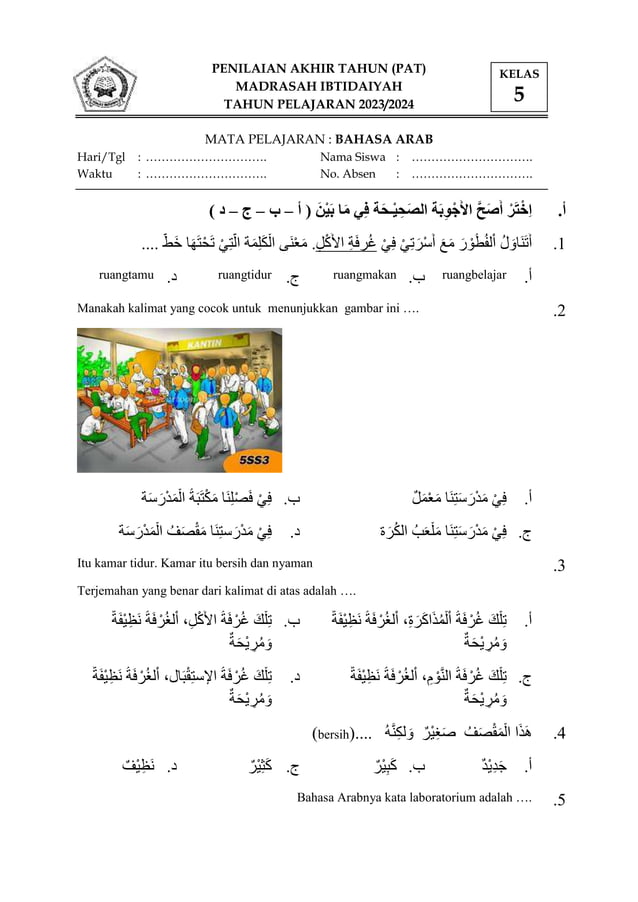 PAT Bahasa Arab Kls 5 MI Soal dan Kunci Jawaban.docx