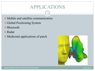 APPLICATIONS
 Mobile and satellite communication
 Global Positioning System
 Bluetooth
 Radar
 Medicinal applications of patch
1/15/2016
14
APEX INSTITUTE OF TECHNOLOGY,RAMPUR
 