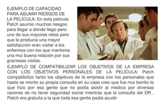 EJEMPLO DE CAPACIDAD
PARA ASUMIR RIESGOS DE
LA PELÍCULA: En esta pelicula
Patch asumio muchos riesgos
para llegar a donde llego pero
uno de sus mayores retos pero
que le producia una mayor
satisfacción eran visitar a los
enfermos con los que mantenia
una mui buena relación por sus
graciosas visitas.
EJEMPLO DE COMPATIBILIZAR LOS OBJETIVOS DE LA EMPRESA
CON LOS OBJETIVOS PERSONALES DE LA PELÍCULA: Patch
compatibilizo tanto los objetivos de la empresa con los personales que
hasta se monto su propia consulta en su casa creo que fue mui bonito lo
que hizo por esa gente que no podia asistir al medico por diversas
razones de no tener seguridad social mientras que la consulta del DR .
Patch era gratuita a la que toda esa gente podía acudir

 
