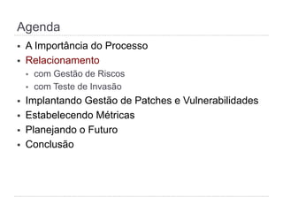 Agenda
§  A Importância do Processo
§  Relacionamento
§  com Gestão de Riscos
§  com Teste de Invasão
§  Implantando Gestão de Patches e Vulnerabilidades
§  Estabelecendo Métricas
§  Planejando o Futuro
§  Conclusão
 