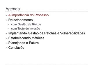 Agenda
§  A Importância do Processo
§  Relacionamento
§  com Gestão de Riscos
§  com Teste de Invasão
§  Implantando Gestão de Patches e Vulnerabilidades
§  Estabelecendo Métricas
§  Planejando o Futuro
§  Conclusão
 