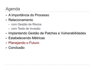 Agenda
§  A Importância do Processo
§  Relacionamento
§  com Gestão de Riscos
§  com Teste de Invasão
§  Implantando Gestão de Patches e Vulnerabilidades
§  Estabelecendo Métricas
§  Planejando o Futuro
§  Conclusão
 