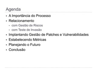 Agenda
§  A Importância do Processo
§  Relacionamento
§  com Gestão de Riscos
§  com Teste de Invasão
§  Implantando Gestão de Patches e Vulnerabilidades
§  Estabelecendo Métricas
§  Planejando o Futuro
§  Conclusão
 