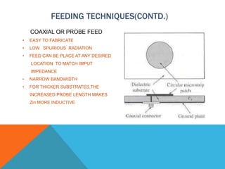FEEDING TECHNIQUES(CONTD.)
COAXIAL OR PROBE FEED
• EASY TO FABRICATE
• LOW SPURIOUS RADIATION
• FEED CAN BE PLACE AT ANY DESIRED
LOCATION TO MATCH IMPUT
IMPEDANCE
• NARROW BANDWIDTH
• FOR THICKER SUBSTRATES,THE
INCREASED PROBE LENGTH MAKES
Zin MORE INDUCTIVE
 