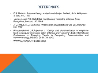 REFERENCES
• C.A. Balanis, Antenna theory: analysis and design, 2nd ed., John Willey and
& Son, Inc., 1997
• James j., and P.S. Hall (Eds), Handbook of microstrip antenna, Peter
Peregrinus, London, UK, 1989.
• J. D. Kraus, R. J. Marhefka, “Antenna for all applications” 3rd Ed., McGraw-
Hill, 2002.
• P.Subbulakshmi , R.Rajkumar : “ Design and characterization of corporate
feed rectangular microstrip patch antenna array antenna”,IEEE International
Conference on Emerging Trends in Computing, Communication and
Nanotechnology,549-552, (ICECCN 2013)
• WWW.ANTENNA-THEORY.COM
 