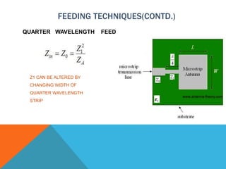 FEEDING TECHNIQUES(CONTD.)
QUARTER WAVELENGTH FEED
Z1 CAN BE ALTERED BY
CHANGING WIDTH OF
QUARTER WAVELENGTH
STRIP
 