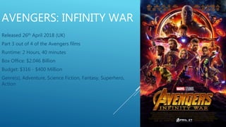 AVENGERS: INFINITY WAR
Released 26th April 2018 (UK)
Part 3 out of 4 of the Avengers films
Runtime: 2 Hours, 40 minutes
Box Office: $2.046 Billion
Budget: $316 - $400 Million
Genre(s), Adventure, Science Fiction, Fantasy, Superhero,
Action
 
