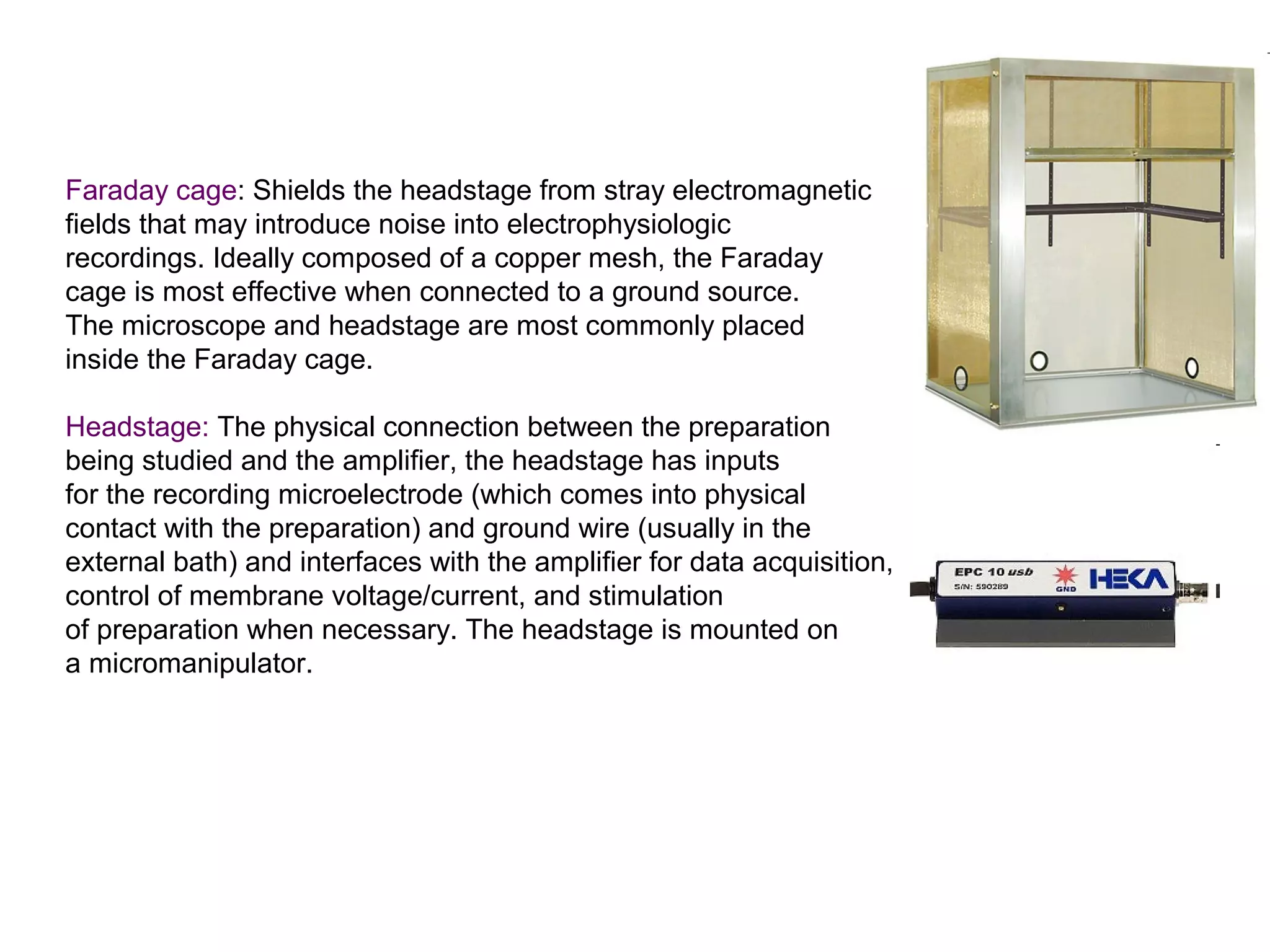 Faraday cage: Shields the headstage from stray electromagnetic
fields that may introduce noise into electrophysiologic
recordings. Ideally composed of a copper mesh, the Faraday
cage is most effective when connected to a ground source.
The microscope and headstage are most commonly placed
inside the Faraday cage.
Headstage: The physical connection between the preparation
being studied and the amplifier, the headstage has inputs
for the recording microelectrode (which comes into physical
contact with the preparation) and ground wire (usually in the
external bath) and interfaces with the amplifier for data acquisition,
control of membrane voltage/current, and stimulation
of preparation when necessary. The headstage is mounted on
a micromanipulator.
 