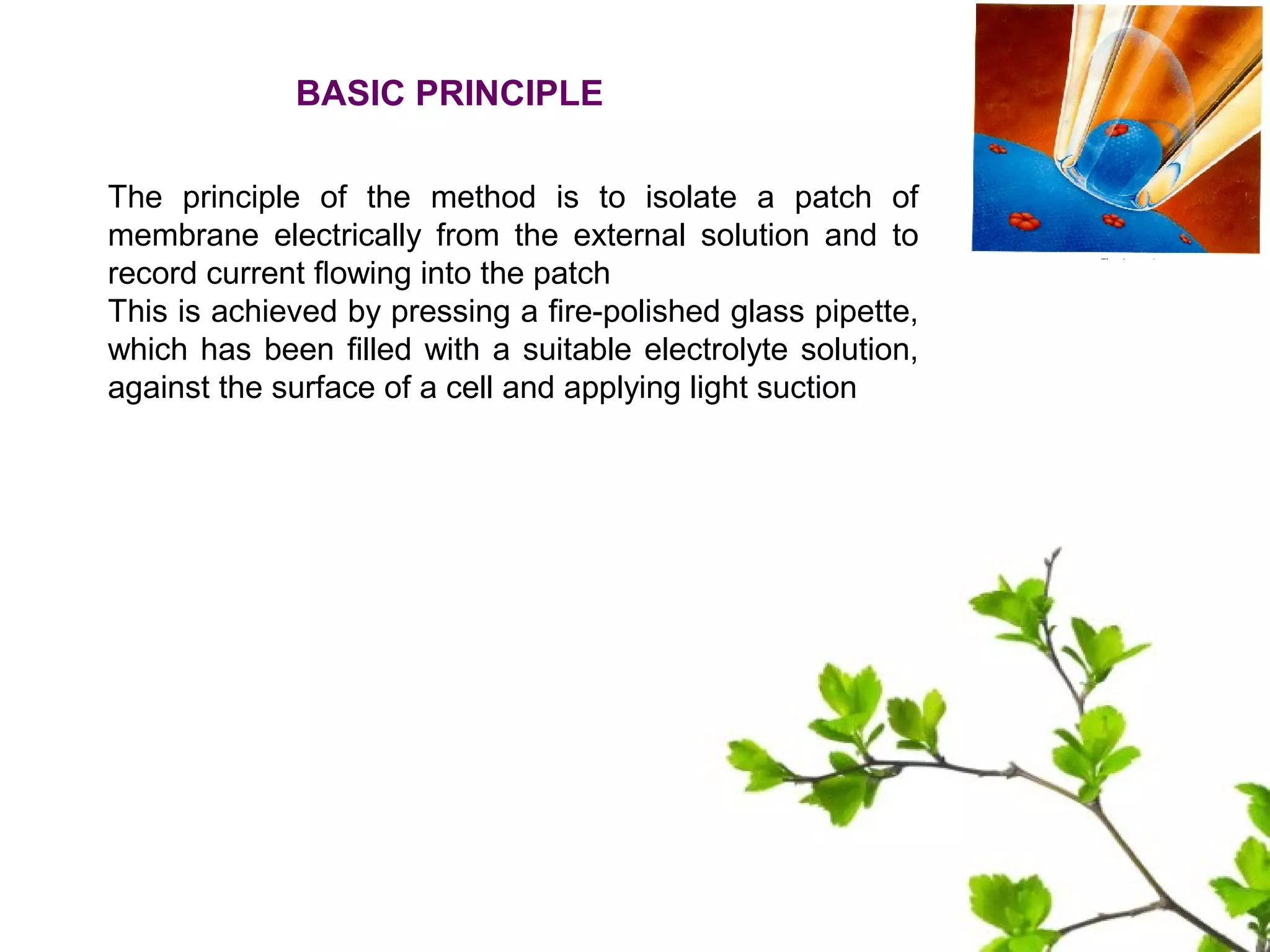 BASIC PRINCIPLE
The principle of the method is to isolate a patch of
membrane electrically from the external solution and to
record current ﬂowing into the patch
This is achieved by pressing a ﬁre-polished glass pipette,
which has been ﬁlled with a suitable electrolyte solution,
against the surface of a cell and applying light suction
 