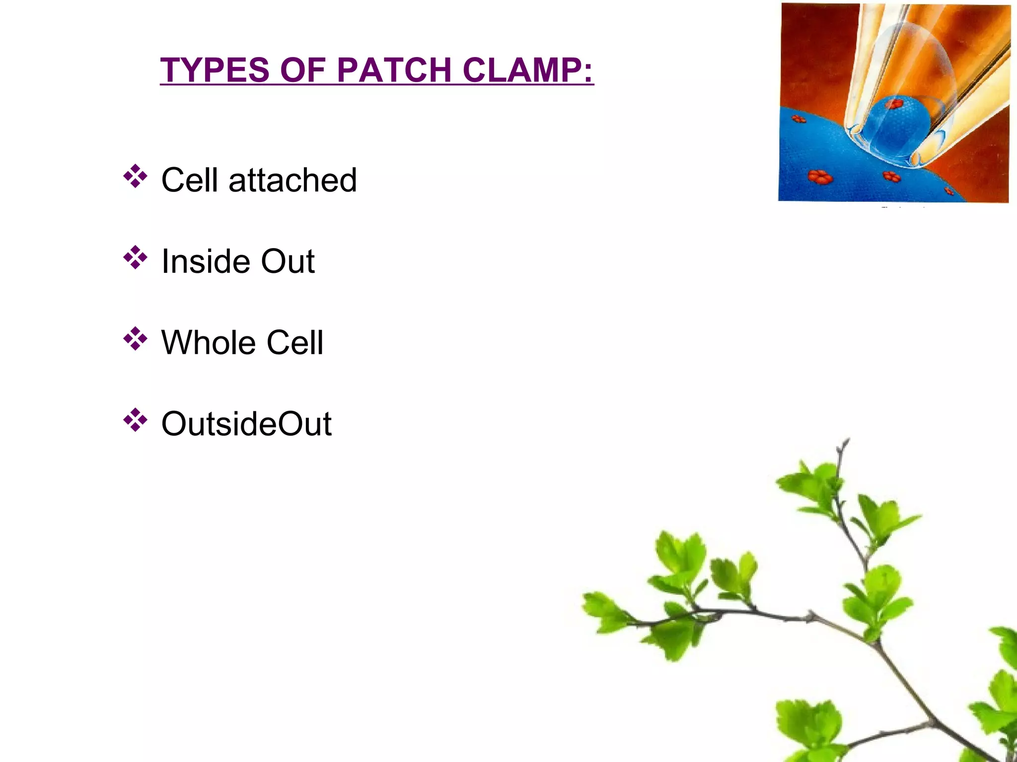 TYPES OF PATCH CLAMP:
 Cell attached
 Inside Out
 Whole Cell
 OutsideOut
 
