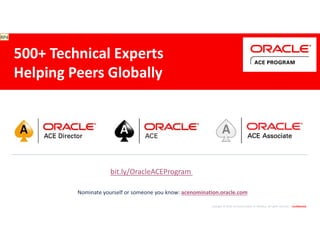 Copyright © 2019, eProseed and/or its affiliates. All rights reserved. | Confidential
bit.ly/OracleACEProgram
500+ Technical Experts
Helping Peers Globally
Nominate yourself or someone you know: acenomination.oracle.com
RP4
 