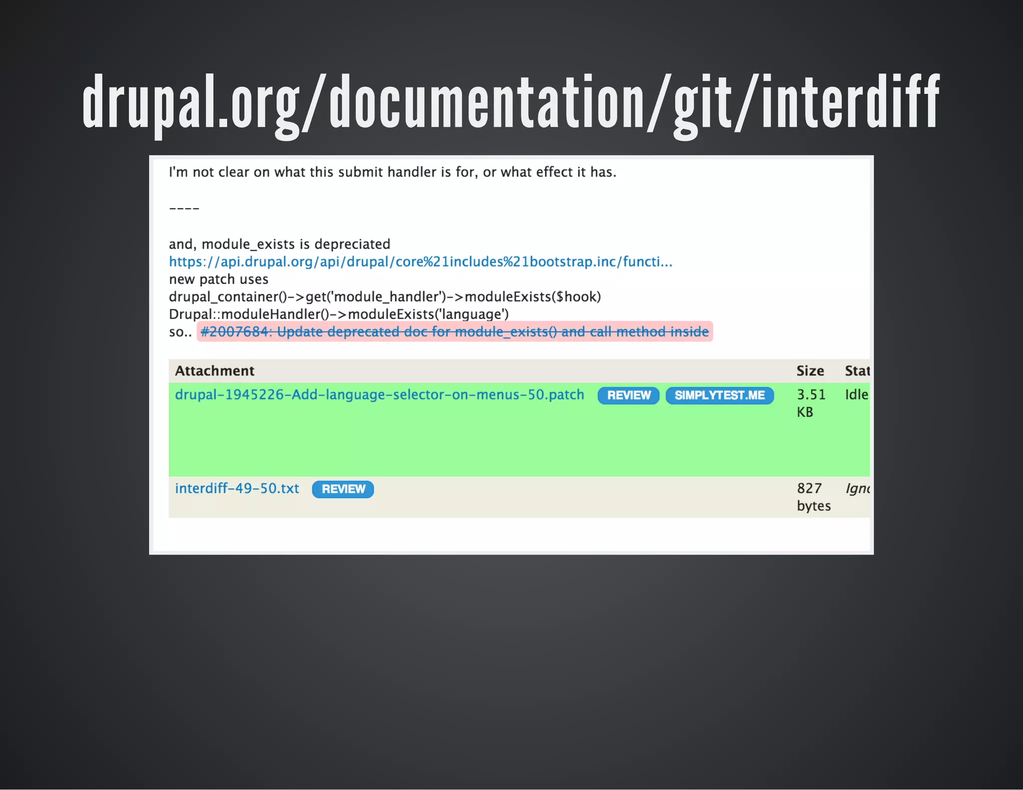drupal.org/documentation/git/interdiff

 