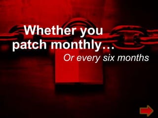 Whether you
patch monthly…
                  Or every six months




     Trend Micro Confidential 2/23/2012   Copyright 2011 Trend Micro Inc.   2
 