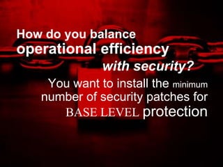 How do you balance
operational efficiency
                                     with security?
    You want to install the minimum
   number of security patches for
      BASE LEVEL protection


         Trend Micro Confidential 2/23/2012   Copyright 2011 Trend Micro Inc. 23
 