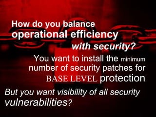 How do you balance
  operational efficiency
                                          with security?
        You want to install the minimum
       number of security patches for
          BASE LEVEL protection
But you want visibility of all security
vulnerabilities?
              Trend Micro Confidential 2/23/2012   Copyright 2011 Trend Micro Inc. 24
 