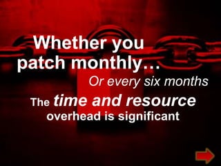 Whether you
patch monthly…
                     Or every six months
 The time                and resource
   overhead is significant


        Trend Micro Confidential 2/23/2012   Copyright 2011 Trend Micro Inc.   3
 