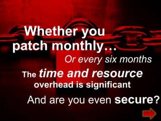 Whether you
patch monthly…
                     Or every six months
 The time                and resource
   overhead is significant
  And are you even secure?
        Trend Micro Confidential 2/23/2012   Copyright 2011 Trend Micro Inc.   4
 