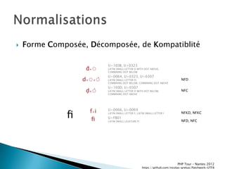    Forme Composée, Décomposée, de Kompatiblité

                           U+1E0B, U+0323
                   ḋ+◌     LATIN SMALL LETTER D WITH DOT ABOVE,
                           COMBINING DOT BELOW
                           U+0064, U+0323, U+0307
                  d+◌+◌̇   LATIN SMALL LETTER D,
                           COMBINING DOT BELOW, COMBINING DOT ABOVE
                                                                               NFD

                           U+1E0D, U+0307
                   ḍ+◌̇    LATIN SMALL LETTER D WITH DOT BELOW,
                           COMBINING DOT ABOVE
                                                                               NFC




                    f+i
              ﬁ
                           U+0066, U+0069
                           LATIN SMALL LETTER F, LATIN SMALL LETTER I          NFKD, NFKC

                     ﬁ     U+FB01
                           LATIN SMALL LIGATURE FI                             NFD, NFC




                                                                            PHP Tour Ŕ Nantes 2012
                                                     https://github.com/nicolas-grekas/Patchwork-UTF8
 