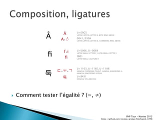 Å
               Å
                            U+00C5
                            LATIN CAPITAL LETTER A WITH RING ABOVE

                     A+◌̊   0041, 030A
                            LATIN CAPITAL LETTER A, COMBINING RING ABOVE




                      f+i
                ﬁ
                            U+0066, U+0069
                            LATIN SMALL LETTER F, LATIN SMALL LETTER I

                       ﬁ    FB01
                            LATIN SMALL LIGATURE FI




                            U+1103, U+116E, U+11A8
                    ᄃ+ᅮ+ᆨ
               둑
                            HANGUL CHOSEONG TIKEUT, HANGUL JUNGSEONG U,
                            HANGUL JONGSEONG KIYEOK

                      둑     U+B451
                            HANGUL SYLLABE DUG




   Comment tester lřégalité ? (=, ≠)


                                                                             PHP Tour Ŕ Nantes 2012
                                                      https://github.com/nicolas-grekas/Patchwork-UTF8
 