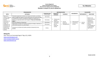 Carrera Magisterial
                                                                                           Factor Actividades Cocurriculares                                                          1er. Bimestre
                                                                                     Plan Anual de Trabajo de Carrera Magisterial
                                                                               APRENDE A CUIDARTE: EL DELITO CIBERNÉTICO.

                                             PROGRAMACIÓN                                                                  IMPLEMENTACIÓN                                                  EVALUACIÓN
                                                                                             TEMPORALIDAD            PRODUCTO                                  SEGUIMIENTO
     META                                       ACTIVIDAD                                                                            EVIDENCIA                                  INSTRUMENTO       RESULTADO
                                                                                              4 horas aprox.         ESPERADO
Que por lo        El docente organizará e invitará a los Padres de Familia a una Charla
                                                                                                30 minutos
menos el 50% de   sobre el riesgo que implica el uso de internet por los menores de edad.
                                                                                                                                                                                                Valorar si los
los Padres de     La Conferencia o Charla, de preferencia deberá ser dictada por un
                                                                                                                    Tarjetas para                                                              Padres de familia
Familia           Maestro ya capacitado dentro del Programa “Hacia una Comunidad                50 minutos
                                                                                                                     apuntes.                                                                   analizaron y
reconozcan los    Segura”
                                                                                                                    Elaboración        Lista de              Observaciones                   reflexionaron
factores de       Sesión de Preguntas y Respuestas.                                             40 minutos                                                                         Lista de
                                                                                                                     de Carteles         asistencia.           Comentarios                     sobre el tema
riesgo, y la      Organizados los Padres de Familia en equipos de trabajo, realizarán un                                                                                            Cotejo.
                                                                                                60 minutos           por los            Videograbación.        al tema.                        tratado,
apropiación de    Cartel donde expresen sus aprendizajes.                                                            Padres de                                                                  convirtiéndolo en
los factores de
                                                                                                                     Familia                                                                    un aprendizaje
protección al     El docente y los Padres de Familia montarán la Exposición de los
                                                                                                  30 min.                                                                                       significativo.
estilo de vida    Carteles.
familiar.



Bibliografía:
Libro “Hacia una Comunidad Segura” Págs. 6/11, 60/63
www.conectateseguro.com
www.navegaprotegido.org.mx
www.nationalcenter.org




                                                                                                                                                                                                 Octubre de 2011
                                                                                                            3
 