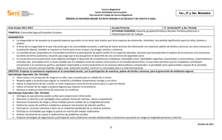 Carrera Magisterial
Factor Actividades Cocurriculares
Plan Anual de Trabajo de Carrera Magisterial
UNIDOS LO HACEMOS MEJOR: LA RUTA SEGURA A LA ESCUELA Y DE VUELTA A CASA.
Octubre de 2011
1
1er., 2º y 3er. Bimestre
Ciclo Escolar 2011-2012 Escuela Primaria: 1ª. Vertiente/2º. y 3er. Periodo
TEMÁTICA: Comunidad Segura/Campañas Escolares
ACTIVIDAD SUGERIDA: Asesorías grupales/Periódicos Murales Temáticos/Atención a
Padres/Exposición de Trabajos
DIAGNÓSTICO:
 La inseguridad en las escuelas va ocupando espacios que antes no los tenía, esto implica que otros espacios de contención, limitantes, han perdido significación para los niños, jóvenes y
adultos.
 El tema de la inseguridad es el que más preocupa a las comunidades escolares, y además de tomar acciones de información con maestros, padres de familia y alumnos, así como involucrar a
la población abierta, también se requiere un frente para cerrar el paso a las drogas, alcohol, y violencia.
 La sociedad actual, prepondera en la actividad económica la participación de padre-madre en los aspectos laborales, situación que ha propiciado el trayecto de los alumnos a los escenarios
escolares de forma autónoma, situación que exige que la escuela genere el desarrollo de una conciencia de seguridad social.
 En consecuencia la escuela tiene como objetivo privilegiar el desarrollo de competencias ciudadanas, entendidas como: habilidades cognitivas, emocionales y comunicativas, conocimientos y
actitudes que, articuladas entre sí, hacen posible que el ciudadano actúe de manera constructiva en la sociedad democrática. Ya que estas permiten que los ciudadanos contribuyan
activamente a la convivencia pacífica, participen responsable y constructivamente en los procesos democráticos y comprendan la pluralidad como oportunidad y riqueza de la sociedad,
tanto en su entorno cercano (familia, amigos, aula, institución escolar), como en su comunidad, país o a nivel internacional.
OBJETIVO: Propiciar la convivencia respetuosa en la comunidad escolar, con la participación de maestros, padres de familia y alumnos, para la generación de ambientes seguros.
Aprendizajes Esperados: (2o. Periodo).
 Ubica zonas y circunstancias de riesgo en la calle, casa y escuela para el cuidado de si mismo.
 Respeta reglas y acuerdos para regular su conducta y establece compromisos consigo y con otros.
 Valora la importancia de dar y recibir un trato respetuoso como forma de justicia para sí y para los demás.
 Valora la función de las reglas y propone algunas que mejoren la convivencia.
 Rechaza la violencia como forma de solucionar los conflictos.
Aprendizajes Esperados: (3er. Periodo).
 Distingue en que personas puede confiar para proporcionar información.
 Reconoce su derecho a ser protegido ante cualquier forma de maltrato, abuso o explotación.
 Reconoce situaciones de riesgo y utiliza medidas para el cuidado de su integridad personal.
 Analiza las causas de conflictos cotidianos y propone mecanismos de solución pacifica.
 Participa en acciones colectivas a favor de un ambiente equilibrado de su entorno próximo.
 Participa en actividades que exigen la puesta en marcha del trabajo colaborativo.
 Analiza críticamente las causas e implicaciones de problemas sociales.
 Propone estrategias de organización y participación ante condiciones sociales desfavorables o situaciones que ponen en riesgo la integridad personal y colectiva.
 