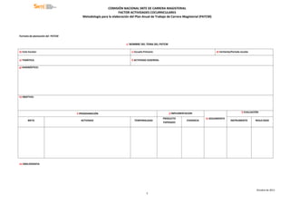 COMISIÓN NACIONAL SNTE DE CARRERA MAGISTERIAL
FACTOR ACTIVIDADES COCURRICULARES
Metodología para la elaboración del Plan Anual de Trabajo de Carrera Magisterial (PATCM)
Octubre de 2011
3
Formato de planeación del PATCM
a) NOMBRE DEL TEMA DEL PATCM
b) Ciclo Escolar: c) Escuela Primaria: d) Vertiente/Periodo escolar
e) TEMÁTICA: f) ACTIVIDAD SUGERIDA:
g) DIAGNÓSTICO:
h) OBJETIVO:
i) PROGRAMACIÓN j) IMPLEMENTACION
k) SEGUIMIENTO
l) EVALUACIÓN
META ACTIVIDAD TEMPORALIDAD
PRODUCTO
ESPERADO
EVIDENCIA INSTRUMENTO RESULTADO
m) BIBILIOGRAFIA
 