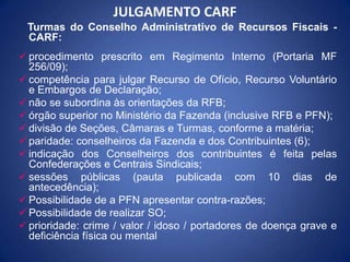 JULGAMENTO CARF
Turmas do Conselho Administrativo de Recursos Fiscais -
CARF:
 procedimento prescrito em Regimento Intern...