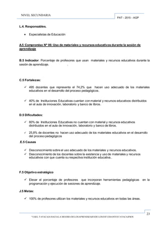 23
“UGEL TAYACAJA HACIALA MEJORA DELOSAPRENDIZAJESDE LOSESTUDIANTESTAYACAJINOS
PAT - 2015 - AGP
NIVEL SECUNDARIA
L.4. Responsables.
 Especialistas de Educación
A.5 Compromiso Nº 06: Uso de materiales y recursos educativos durante la sesión de
aprendizaje
B.5 Indicador: Porcentaje de profesores que usan materiales y recursos educativos durante la
sesión de aprendizaje. .
C.5 Fortalezas:
 495 docentes que representa el 74,2% que hacen uso adecuado de los materiales
educativos en el desarrollo del proceso pedagógicos.
 40% de Instituciones Educativas cuentan con material y recursos educativos distribuidos
en el aula de innovación, laboratorio y banco de libros.
D.5 Dificultades:
 60% de Instituciones Educativas no cuentan con material y recursos educativos
distribuidos en el aula de innovación, laboratorio y banco de libros.
 25,8% de docentes no hacen uso adecuado de los materiales educativos en el desarrollo
del proceso pedagógicos
.E.5 Causas
 Desconocimiento sobre el uso adecuado de los materiales y recursos educativos.
 Desconocimiento de los docentes sobre la existencia y uso de materiales y recursos
educativos con que cuenta su respectiva institución educativa..
F.5 Objetivo estratégico
 Elevar el porcentaje de profesores que incorporan herramientas pedagógicas en la
programación y ejecución de sesiones de aprendizaje.
J.5 Metas:
 100% de profesores utilizan los materiales y recursos educativos en todas las áreas.
 