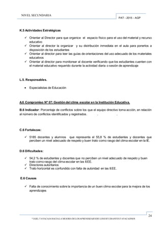 24
“UGEL TAYACAJA HACIALA MEJORA DELOSAPRENDIZAJESDE LOSESTUDIANTESTAYACAJINOS
PAT - 2015 - AGP
NIVEL SECUNDARIA
K.5 Actividades Estratégicas
 Orientar al Director para que organice el espacio físico para el uso del material y recurso
educativo
 Orientar al director la organizar y su distribución inmediata en el aula para ponerlos a
disposición de los estudiantes
 Orientar al director para leer las guías de orientaciones del uso adecuado de los materiales
educativos
 Orientar al director para monitorear al docente verificando que los estudiantes cuenten con
el material educativo requerido durante la actividad diaria o sesión de aprendizaje
L.5. Responsables.
 Especialistas de Educación
A.6 Compromiso Nº 07: Gestión del clima escolar en la Institución Educativa.
B.6 Indicador: Porcentaje de conflictos sobre los que el equipo directivo toma acción, en relación
al número de conflictos identificados y registrados. . .
C.6 Fortalezas:
 5185 docentes y alumnos que representa el 55,8 % de estudiantes y docentes que
perciben un nivel adecuado de respeto y buen trato como rasgo del clima escolar en la IE.
D.6 Dificultades:
 54,2 % de estudiantes y docentes que no perciben un nivel adecuado de respeto y buen
trato como rasgo del clima escolar en las II.EE.
 Directores autoritarios
 Trato horizontal es confundido con falta de autoridad en las II.EE.
E.6 Causas
 Falta de conocimiento sobre la importancia de un buen clima escolar para la mejora de los
aprendizajes
 