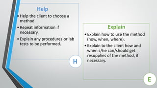 Help
•Help the client to choose a
method.
•Repeat information if
necessary.
•Explain any procedures or lab
tests to be performed.
Explain
•Explain how to use the method
(how, when, where).
•Explain to the client how and
when s/he can/should get
resupplies of the method, if
necessary.
H
E
 