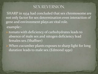 SHARP in 1934 had concluded that sex chromosome are
not only factor for sex determination even interaction of
gene and environment plays an vital role.
example:-
 tomato with deficiency of carbohydrates leads to
absence of male sex and nitogen deficiency lead
females sex.(Shaffner)
 When cucumber plants exposes to sharp light for long
duration leads to male sex.(Edmond 1930)
 
