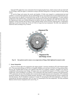 29
Fuel and LOX supply lines were connected to the test stand using flex hoses, which connect to the test stand with
via AN fittings, while the engine is connected to using an MS Boss fitting due to it having a built-in O-ring sealing
surface.
To seal the flange and connect the nozzle and chamber, 18 bolts were torqued to a predetermined pre-load
condition. To ensure proper alignment, the two etched flange arrows were aligned, the two dowel alignment pins were
then inserted into two specific oversized bolt holes and the 16 other bolts were hand tightened. To ensure uniform
compression of the metal O-rings, a star pattern and a progressively increasing torque value approach was used. Once
the alignment pin holes were reached during the star pattern, the pin was replaced with a bolt. First the bolts were
torqued to 14 Nm (10 ft-lb), then 20 Nm (15 ft-lb), and then finally 34 Nm (25 ft-lb). Following this, a confirmation
tightening of each bolt ensures that 34 Nm (25 ft-lb) of torque has been maintained. The bolts were tightened in
numerical order according to Fig. 36 below.
Fig. 36 Star pattern used to ensure even compression of flange. Bolts tightened in numeric order
Sensor Integration
The list of sensors able to be connected to the engine include 11 pressure transducers (PT) and 4 thermocouples
(TC). The sensor ports fittings are MS Boss to Swagelok. MS Boss was used due to its built in O-ring sealing surface,
however the included Buna O-rings were replaced with PTFE for cryogenic conditions. Swagelok was used for
compatibility with existing sensor tubing. All sensor ports were attached and torqued to 10 ft-lb to ensure O-ring
compression. The PT breakdown is as follows: 2 PTs connected to the center annulus to measure LOX inlet pressure,
2 PTs connected to the top of the chamber side to measure the fuel jacket pressure next to the pintle, 4 PTs connected
around the chamber to measure the chamber pressure, and lastly, 3 PTs connected around the nozzle to measure the
fuel inlet pressure. The TC breakdown consists of 1 T-Type TC measuring the LOX inlet temperature, 1 K-Type TC
measuring the fuel jacket temperature, and 2 K-Type TCs measuring the fuel inlet temperature. The fully assembled
Balerion with all sensors integrated can be seen in Fig. 37.
Downloadedby92.129.167.138onAugust17,2019|http://arc.aiaa.org|DOI:10.2514/6.2019-4392
 