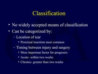 Classification
• No widely accepted means of classification
• Can be categorized by:
– Location of tear
• Proximal insertion most common
– Timing between injury and surgery
• Most important factor for prognosis
• Acute- within two weeks
• Chronic- greater than two weeks
 