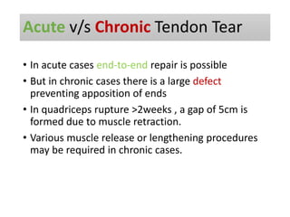 Acute v/s Chronic Tendon Tear
• In acute cases end-to-end repair is possible
• But in chronic cases there is a large defect
preventing apposition of ends
• In quadriceps rupture >2weeks , a gap of 5cm is
formed due to muscle retraction.
• Various muscle release or lengthening procedures
may be required in chronic cases.
 