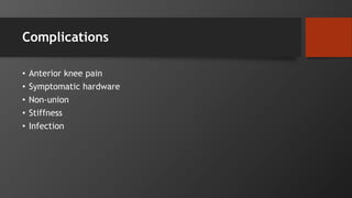 Complications
• Anterior knee pain
• Symptomatic hardware
• Non-union
• Stiffness
• Infection
 