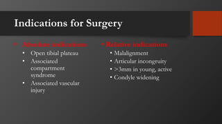 Indications for Surgery
• Relative indications
• Malalignment
• Articular incongruity
• >3mm in young, active
• Condyle widening
• Absolute indications
• Open tibial plateau
• Associated
compartment
syndrome
• Associated vascular
injury
 