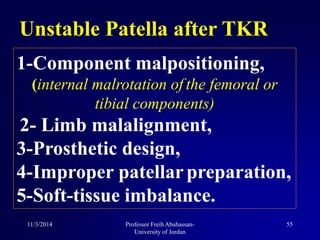 Unstable Patella after TKR
1-Component malpositioning,
(internal malrotation of the femoral or
tibial components)
2- Limb malalignment,
3-Prosthetic design,
4-Improper patellarpreparation,
5-Soft-tissue imbalance.
11/3/2014 55Professor Freih Abuhassan-
University of Jordan
 