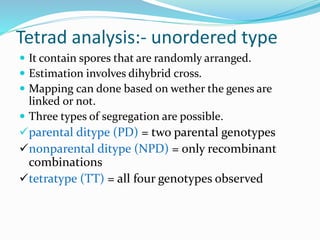 Tetrad analysis:- unordered type
 It contain spores that are randomly arranged.
 Estimation involves dihybrid cross.
 Mapping can done based on wether the genes are
linked or not.
 Three types of segregation are possible.
parental ditype (PD) = two parental genotypes
nonparental ditype (NPD) = only recombinant
combinations
tetratype (TT) = all four genotypes observed
 