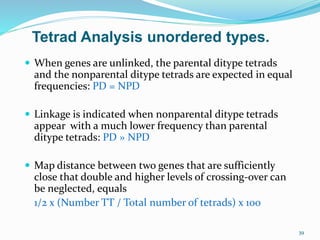 39
Tetrad Analysis unordered types.
 When genes are unlinked, the parental ditype tetrads
and the nonparental ditype tetrads are expected in equal
frequencies: PD = NPD
 Linkage is indicated when nonparental ditype tetrads
appear with a much lower frequency than parental
ditype tetrads: PD » NPD
 Map distance between two genes that are sufficiently
close that double and higher levels of crossing-over can
be neglected, equals
1/2 x (Number TT / Total number of tetrads) x 100
 