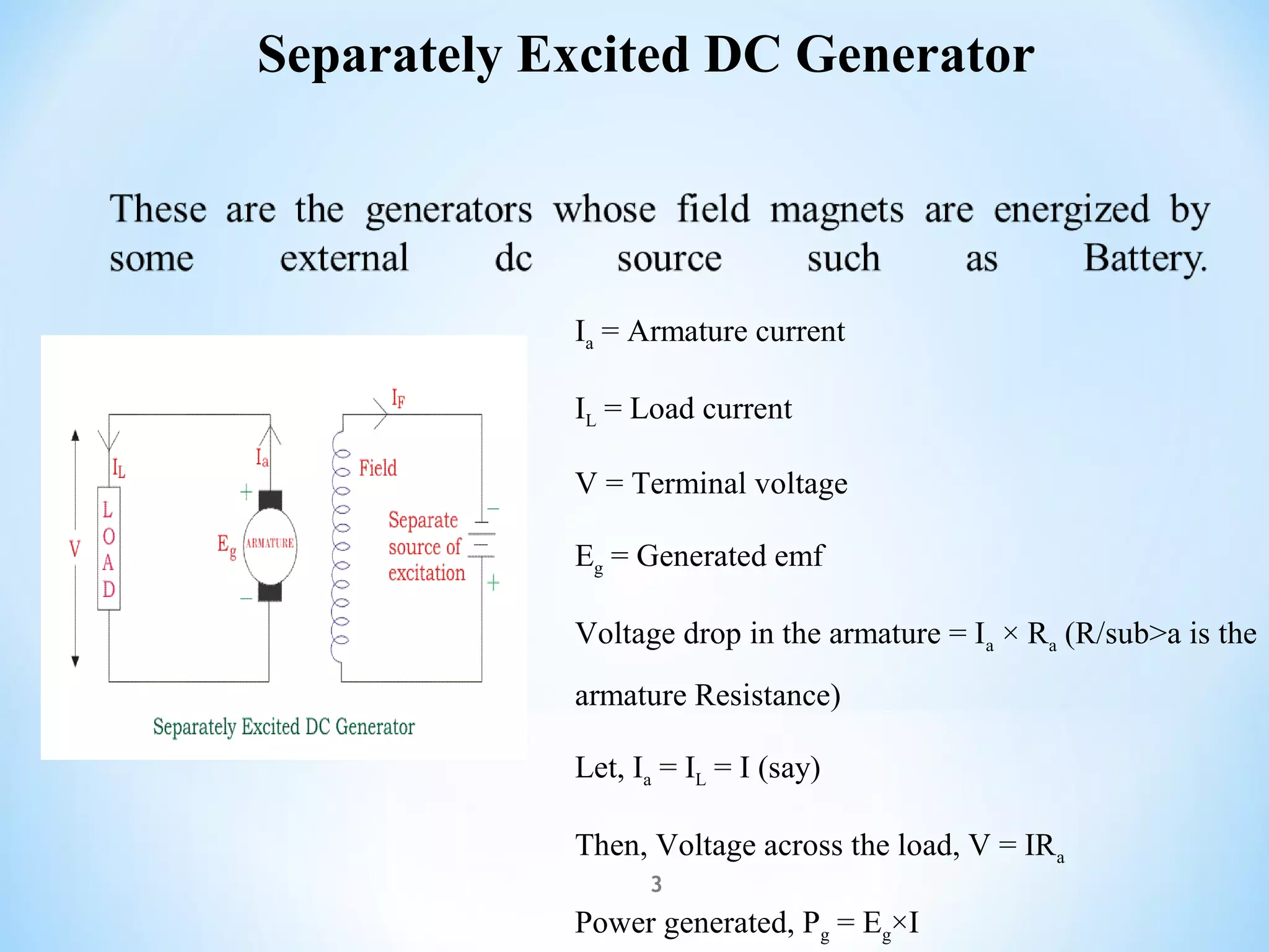 Separately Excited DC Generator
3
Ia = Armature current
IL = Load current
V = Terminal voltage
Eg = Generated emf
Voltage drop in the armature = Ia × Ra (R/sub>a is the
armature Resistance)
Let, Ia = IL = I (say)
Then, Voltage across the load, V = IRa
Power generated, Pg = Eg×I
 