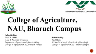 College of Agriculture,
NAU, Bharuch Campus
• Submitted to:
DR.S.R PATEL
Head & Associate professor,
Department of genetics and plant breeding,
College of agriculture,NAU, Bharuch campus
Submitted by
Patel Rushi
1st Sem M.sc. Agri. (Genetics & pl.breeding)
College of agriculture,NAU , Bharuch campus
 
